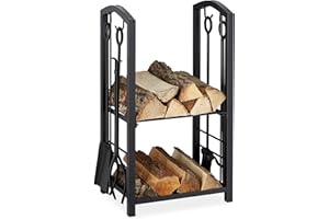 Relaxdays Regał na drewno kominkowe ze sztućcami, 2 półki, stal, sztućce kominkowe, 4-częściowy, szufla, miotła, szczypce i haczyki, czarny, 1 sztuka