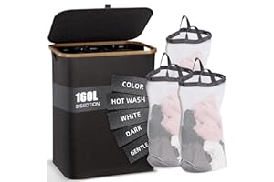 NOSTHEART 160L Panier a Linge Sale - Panier à Linge 3 Compartiment, Bac a Linge Sale Pliable avec Couvercle, Poignée en Bambou - Grand Corbeille a Linge pour Buanderie la Famille