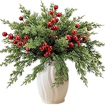 Lot De 30 Branches De Pin De Noël Norfolk Avec Baies Rouges – 35 Cm – Artificielles, Pour Couronnes Et Compositions