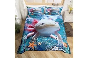 FEELINGYOU feelyou Süßer Axolotl-Bettbezug, Algen-Korallen-Muschel-Bettbezug für Mädchen, Teenager, dekoratives Schlafzimmer, Meerestiere, Polyester-Bettbezug mit 1 Kissenbezug, 155 x 220 cm