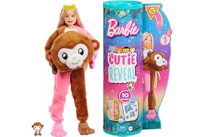 Barbie Cutie Reveal Seria Dżungla Lalka z kostiumem małpki i niespodziankami, w tym funkcją zmiany koloru. HKR01