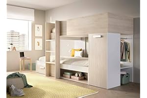 Dmora - Composizione camera da letto Focalone, Stanza da letto completa, Cameretta per bambini, Set per arredo a ponte, 246x112 h150 cm, Bianco e Rovere