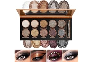 DE'LANCI Tutte le palette di ombretti glitterati, marrone caldo, argento e nero ad alta pigmentazione, delicato ombretto glitterato, durevole e resistente all'acqua (10 colori)