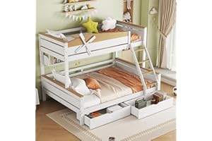 Rtopsu Letto per Bambini a Castello 90x200 cm & 140x200 cm, Letto a Soppalco con Contenitore e Scaletta, Letti per Ragazzi con Girandola, Rete a Doghe e Protezione Anticaduta, Bianco, Senza Materasso