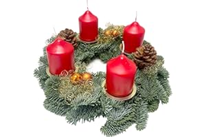 PASSION MADE Weihnachtskranz Adventskranz Tannenkranz Kranz frische Tanne Adventsgesteck Weihnachtsgesteck Tischdeko Weihnachten Weihnachtsdeko geschmückt 4 Kerzen 27 cm 30041 (30041 - rot - Gold)