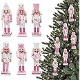 6Pcs Wooden Pink Nutcracker Soldier Ornaments, 13cm Mini Figures for Traditional Christmas Tree Decoration