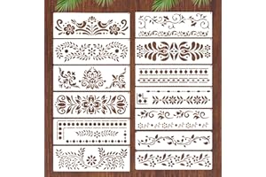 CIATBYYJ 13Pcs Corner Border Stencils Flower Stencil Crafts for Painting on Wall, Reusable Floral Wall Stencils for Wood, Talavera Stencil Wood Burning Drawing Art Paint for Furniture, Home Decor, Floor