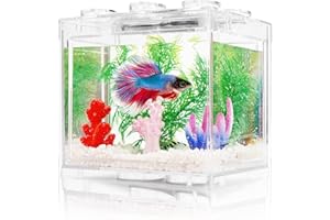 OLTRAMAN Kampffisch Aquarium Klein Komplettset, 1 L Aquarium Set Komplett mit LED- Beleuchtung, Weißem Kies, Künstlichen Korallen und Wasserpflanzen