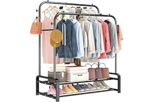 SMILOVII Metal Clothes Rail, Double Rails Garment Rack, Heavy Duty Clothes Rack, 8 Hanging Hooks and 2-Tier Shoe Rack, Free Standing Hanging Storage Shelf for Bedroom-Black