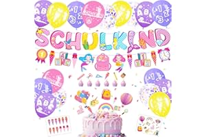 Elidepe Einschulung Mädchen, Einschulung Deko, Meerjungfrau Schulanfang Deko Mädchen Set, Tortendeko Einschulung + SCHULKIND Banner + Zuckertüte Girlande + Schulkind Latex Luftballons + Papierstücke