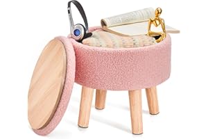 BRIAN & DANY Footstool with Storage, Small Storage Ottoman, Teddy Fleece Round Stool with Lid, Sherpa Foot Stool with Legs for Living Room Entryway, Pink