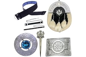IMPERIAL KILT PRODUCTS Męski szkocki kilt Sporran 5-częściowy zestaw, klamra do paska kilt celtyckie srebro - pełna sukienka Sporrans biały czarny futro królika skóra - szkocka przypinka i broszki kamień