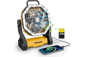Wastou 10000mAh Rechargeable Camping Fan With Light, 4-Speed Battery Powered Desk Fan, Portable USB Tent Fans with 360° Rotating Hook, Quiet Table Fans for Home, Outdoor, Fishing, Office, Travel