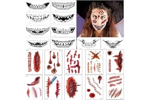 EIKEJI 20 Fogli Tatuaggi temporanei halloween,Halloween Zombie Scars Tatuaggi Adesivi con Falsi Scab Sangue,Adesivi per Tatuaggi di Zombie con la Bocca,Adesivi per cicatrici per il corpo per cosplay