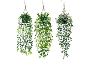 Puosike 3 Stück Kunstpflanze mit Blumenampel, Künstlich eukalyptus Hängepflanze Plastik Fake Pflanzen mit Töpfen für Modern Wohnzimmer Balkon Schlafzimmer Zimmer