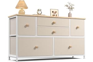 EnHomee Chest of Drawers Bedroom with 6 Large Capacity Drawers, Fabric Drawers Storage Unit Wide Dresser Drawers for Bedroom Storage, Closet, Living Room with Wood Top and Sturdy Metal Frame, Beige