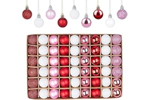 ‎ANSTORE Weihnachtskugeln Plastik 54er Set, Christbaumkugeln 3CM, enthält Mini Weihnachtskugeln Weiß Rot Rosa, Bruchsicher Weihnachtsbaumschmuck mit Schlüsselband Kleine Kugeln Weihnachten