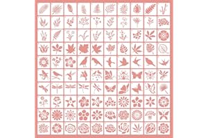 WYYFXY® 100 stencil per pittura a stencil 5 × 5 cm, fiori foglie, erba, uccelli, insetti, piccoli stencil riutilizzabili, per carte regalo fai da te, scrapbooking