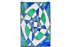 Bieye W10057 Geometric Drawing Tiffany Style Stained Glass Window Panel with Chain, 12" W x 18" H, Green