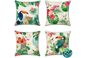 Ohok Outdoor Waterproof Cushion Covers 45x45 cm Pack of 4 Decorative Throw Cushion Covers Cushion Case for Sofa Couch Living Room Outdoor Patio Garden Farmhouse Home Decor (Tropical Plant Bird)