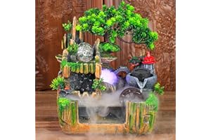 KANGTEN Zimmerbrunnen Wohnzimmer Wasserfall Tischbrunnen LED Desktop Bonsai Ornamente Grüne Pflanze Zimmerbrunnen Tischbrunnen