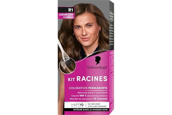 Schwarzkopf - Kit Racines - Coloration Permanente - Enrichie d’une huile nourrissante - Couverture Cheveux Blancs - Retouche entre 2 Colorations - Châtain Clair à Châtain R1