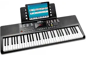 Teclado RockJam compacto de 61 teclas con soporte para partituras, fuente de alimentación, pegatinas para notas de piano y lecciones de piano simples
