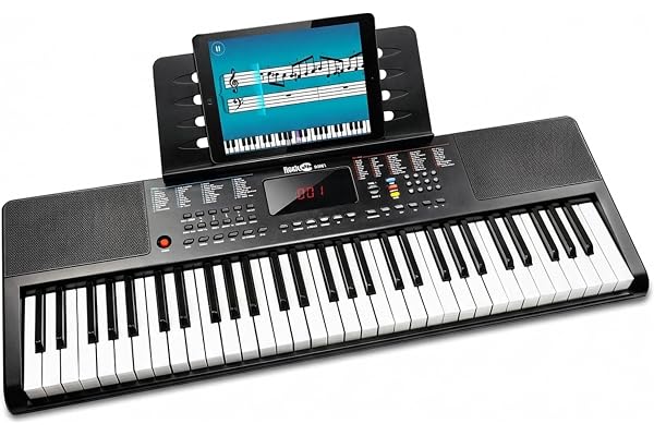 Clavier compact RockJam 61 touches avec pupitre, alimentation, autocollants pour notes de piano et leçons de piano Simply Piano.