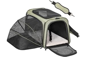 Petsfit Expandable Pet Carrier, Soft-Sided Portable Cat Carrier Dog Carrier, with Removable Plush Mat, Locking Safety Zippers and Pockets，Green，Medium