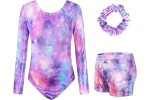 Surgoal Gymnastics Leotards for Girls with Short Long Sleeve Sparkle Ballet Dance Unitard Gymnastics Athletic Outfit 3Pcs for Kids 3-12 Years