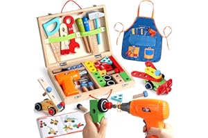 TONZE Kids Tool Set,Wooden Toys for 3 Year Old Boys Girls,Montessori Toys with Toy Drill&Tool Box&Apron ,Construction Toys for 2 3 4 Year Old Boys Gifts