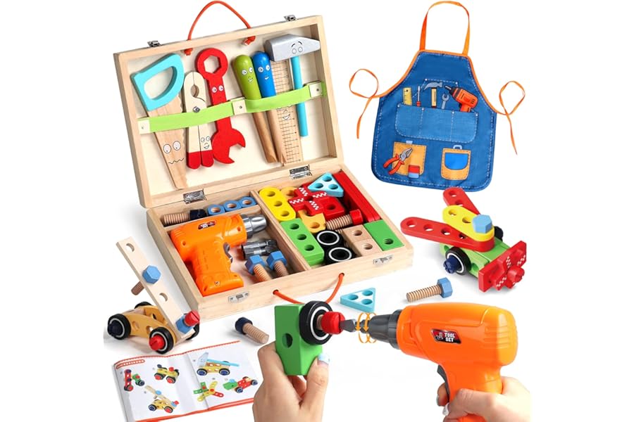 Kids Tool Set,Wooden Toys for 3 Year Old Boys Girls,Montessori Toys with Toy Drill&Tool Box&Apron ,Construction Toys for 2 3 4 Year Old Boys Gifts