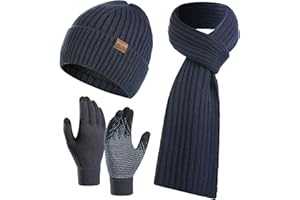 CheChury Men's Scarf, Glove & Beanie Hat Set - Long Scarf, Touchscreen Gloves & Thick Cable Knit Hat for Unisex Cold Weather