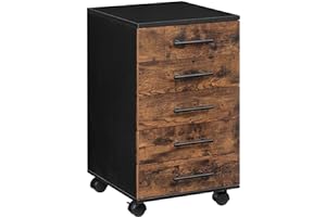 HOOBRO Aktenschrank, Rollcontainer mit 5 Schubladen, Holz Büroschrank, Kommode Aufbewahrungsschrank, Industrie Stil Einfache Montage Rustikal, Dunkelbraun und Schwarz EBF05WJ01G1