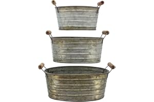 FRANK FLECHTWAREN Metalowy pojemnik, metalowy pojemnik, mała wanna z drewnianymi uchwytami, zestaw 3 szt. 17 x 12 x 8 cm, 20 x 14 x 9 cm, 24 x 15 x 10 cm