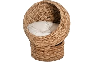 PawHut Woven Banana Leaf Elevated Cat Bed Wicker Kitten Basket Pet Den. House Cosy Cave with Soft Cushion Dome 50x42x60cm Brown