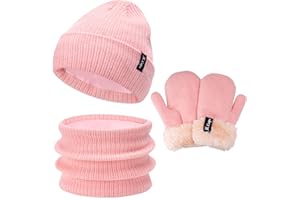 Bequemer Laden Kinder Winter Warm Mütze Loop Schal Handschuhe Set, Baby Wintermütze Fäustlinge Schlauchschal für 0-3 Jahre, Mädchen Jungen Strickmütze Touchscreen Winterhandschuhe für 4-8 Jahre