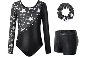 Surgoal Gymnastics Leotards for Girls with Short Long Sleeve Sparkle Ballet Dance Unitard Gymnastics Athletic Outfit 3Pcs for Kids 11-12 Years