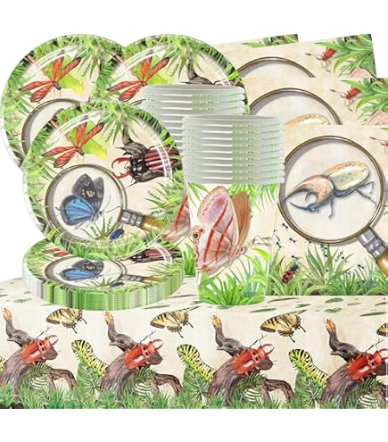 Décoration Anniversaire Thème Insectes - Assiettes, Tasses, Serviettes, Nappe, Bannière - 20 Convives