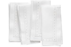 O'LUCIO AUTHENTIQUE HOME O'lucio Easter Linen Napkins Cloth - White 45 x 45 cm, Set of 4 Hemstitched Dinner Napkins with Embroidered Swiss Dot - Machine Washable, French Flax Natural Fabric for Spring, Summer Holidays