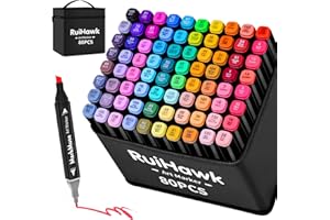 RuiHawk 80 Couleurs Feutre a Alcool, Feutres Coloriage Adulte Enfants, Marqueurs à Croquis Double Pointe 2S Séchage Rapide avec Pochette de Transport et Espaceur pour les Débutants Artistes Dessin