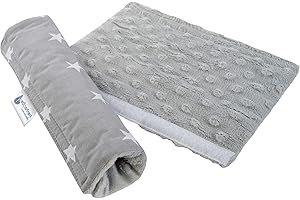 Medi Partners Poduszka na pas samochodowy dla dzieci – 17 x 22 cm, 100% bawełna Minky, ochraniacz na ramię dla dzieci, pas bezpieczeństwa (szare gwiazdy z szarymi gwiazdkami Minky)