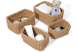 HDRNT Panier Osier Rangement, Salle de Bain Corbeille Enfant Jaune en Papier Bio Écologique Lot de 4 pour Jouets,Câble de charge,Décor Maison,CD, Cosmétique,Langes Coton
