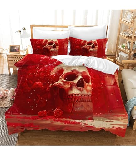 Housse De Couette Gothique 240x260 Cm + 2 Taies 65x65 Cm - Motif Crâne, Microfibre Douce, Zippée