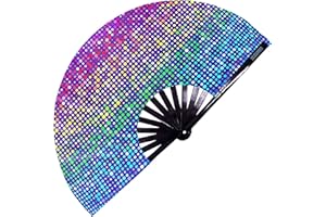 SOJOURNER BAGS Rave Fan,Pride Fan und Festival Fan,Großer faltbarer Fächer für Raves, Halloween, Burlesque, Regenbogen & Pride Outfits für Frauen & Festival Accessoires,Clack Fan Handfächer (Regenbogenlichter)