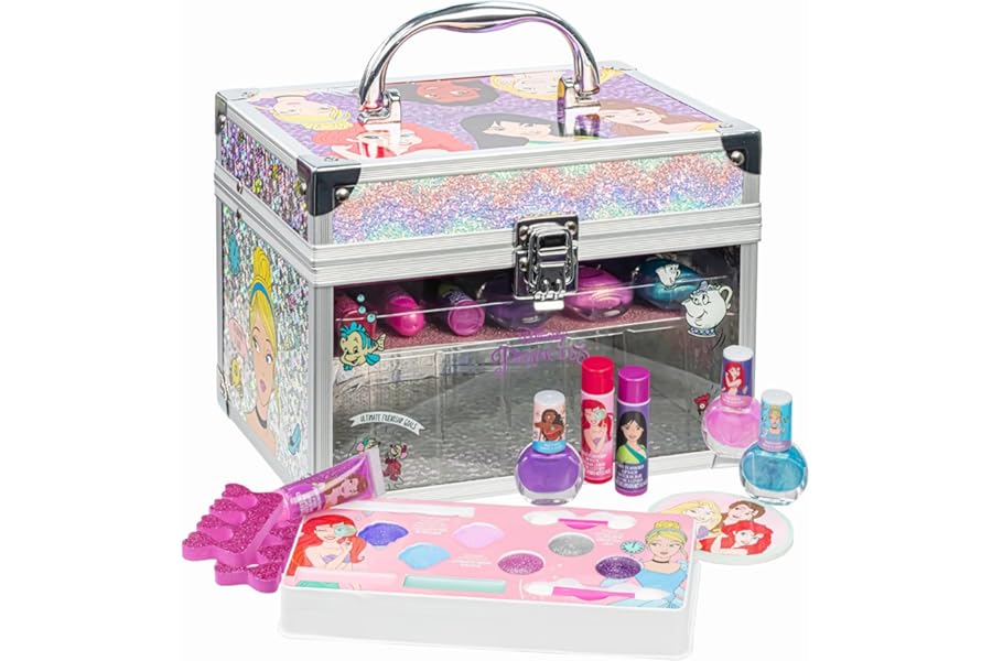 Disney Princess Train Case Makeup Set for Kids | Makeup Kit Includes Lip Gloss, Nail Polish, Accessories & more | Gifts for Ages 3+ by Townley Girl