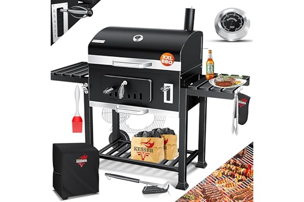 KESSER® Barbecue au charbon de bois XXL, couvercle, roues, poignée en acier inoxydable, thermomètre, grille, brosse, couvercle, 8 brochettes avec sac, pinceau en silicone, sur pied, chariot à charbon