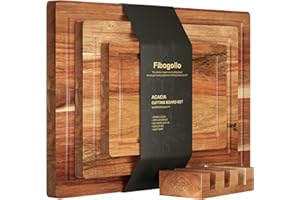 Fibogollo Acacia Wood Cutting Boards for Kitchen(Set of 3),Wooden Chopping Boards Set with Juice Groove,Chopping Board with Holder,Butcher Block for Meat,Vegetables,Fruit