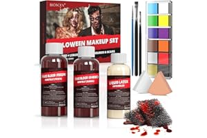 BIOSCEN Halloween Sangue Finto Set, 60ml Sangue Liquido, 50ml Crosta Sangue, 30ml Latex e 12 Colori Pittura per Il Viso, per Trucco Halloween Zombie e Vampiri Teatrale con Spugna per Il Trucchi