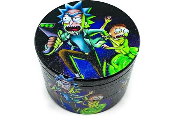 Grinder Rick et Morty en 50 mm 4 parties moulin à épices alliage en zinc durable robuste DAMS broyeur d'herbes séchées avec sa petite spatule à pollen couvercle aimanté pour fermeture parfaite